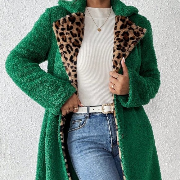 Contrast Leopard Pattern Lapel Neck Fleece Coat - Picture 1 of 5